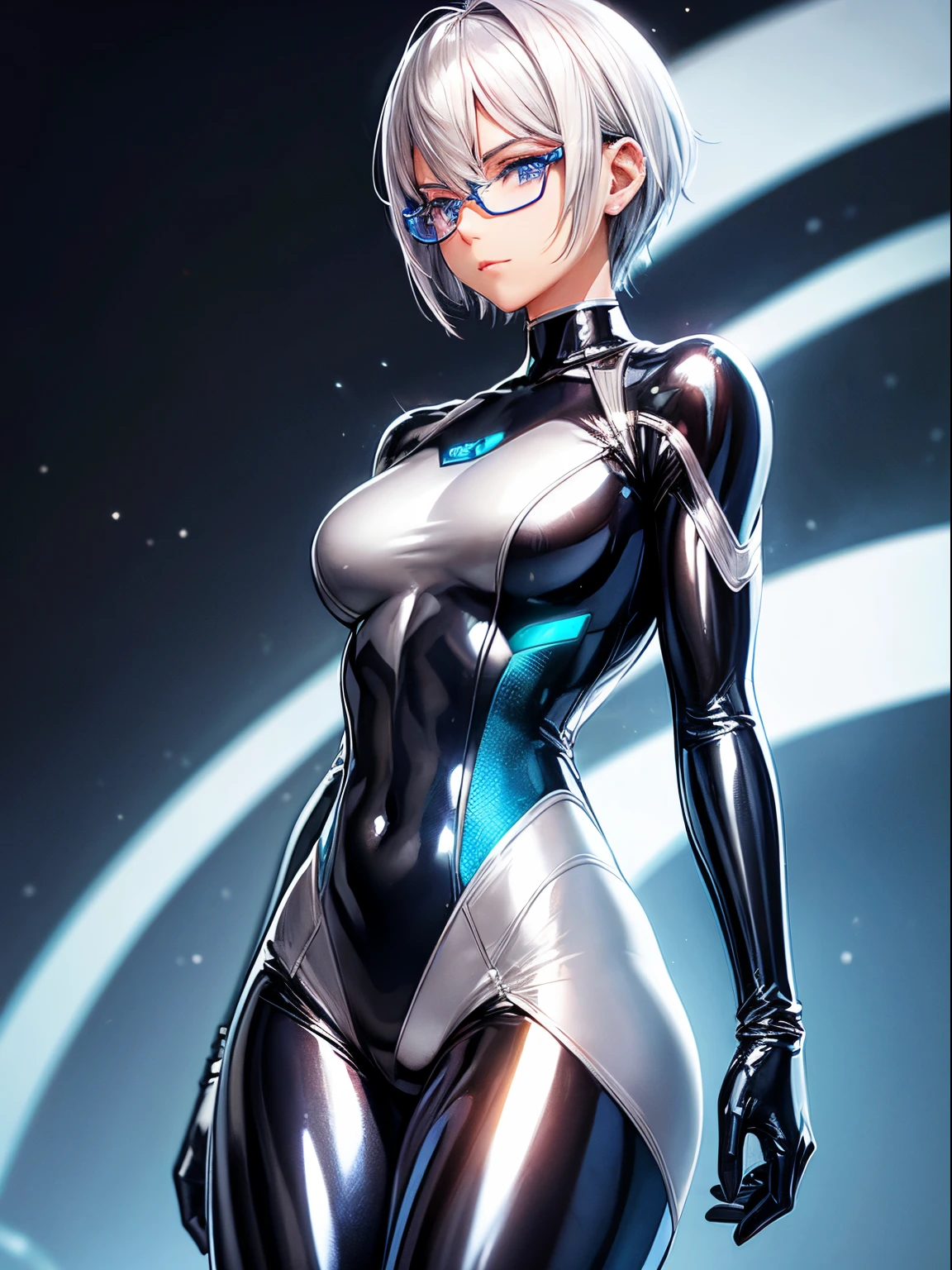 5 8K UHD、Shiny full body silver latex suit、A muscular beauty with short silver hair, arms crossed behind her head and glasses.、Beauty in shiny silver latex suit、neon blue lines, glasses that hide skin、Front upper and lower body only