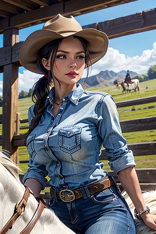 European woman in a ranch, riding a horse, 30 years old, cow-girl, Cow-Boy Hat, Blue Jeans,Shirt tied under the chest, Santiago boots, Dark hair, red lips, Eye shadow, slutty makeup, Ponytails ,big breasts,Second Life Avatar, Beautiful screenshot, Second Life,attractive woman, high quality, highly detailed skin