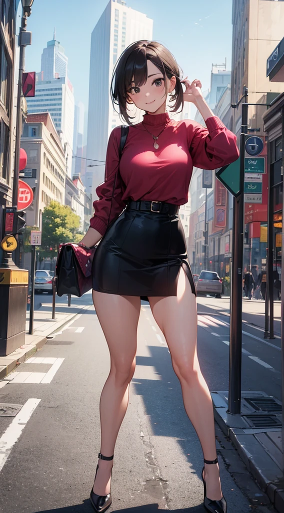 (best quality,4k,8k,highres,masterpiece:1.2), realistic, vibrant colors, professional lighting, girl in a stylish mini skirt, confident pose, fashionable high heels, long legs, youthful appearance, seductive smile, bustling urban street, surprised onlookers, cityscape backdrop