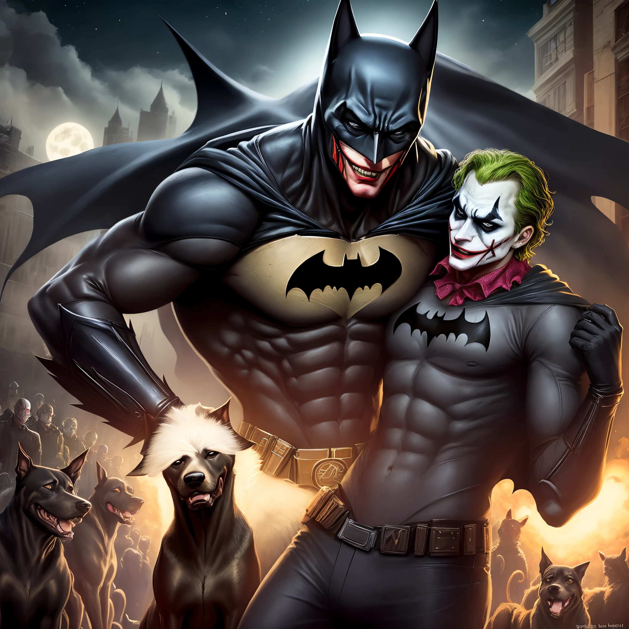 Batman, furioso, olhando para frente, holding the joker's head, fundo noturno, lua cheia, several doberman dogs