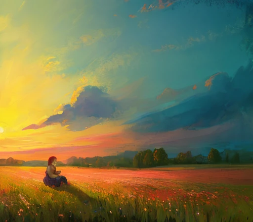 field, sitting on the ground,
dreamlike,renaissance,
digital painting, best quality, masterpiece, impressionism, vibrant colors,