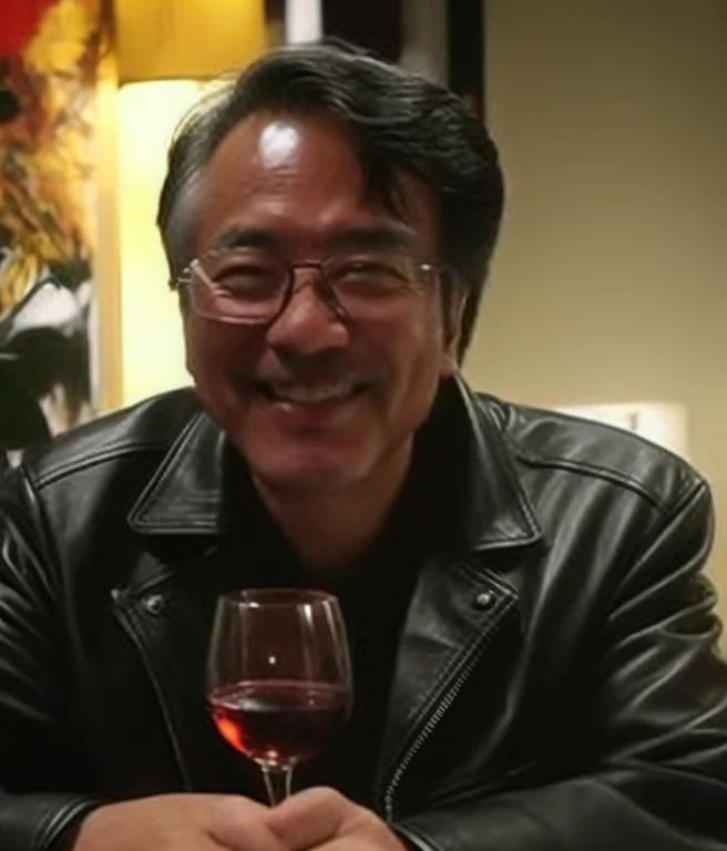 Smiling man in a black leather jacket and glasses holding a glass of wine,  Yasushi Nirasawa, shotaro ishinomori, hayao myiazaki, tatsuya endo, shinya tsukamoto,