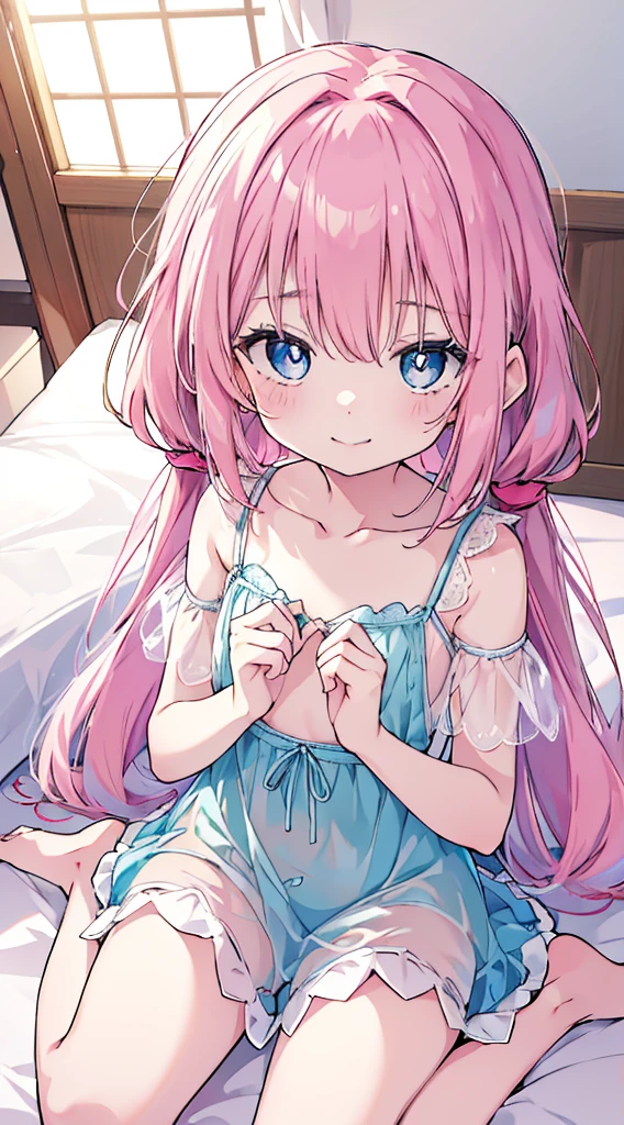 (8K、Top image quality、top-quality、​masterpiece)、1 loli、Pink hair、Twin-tailed、light blue  eyes、show the grinps、Show your teeth and smile、Smaller chest、white babydoll、see-through、sit on a bed、wariza、Taken from above