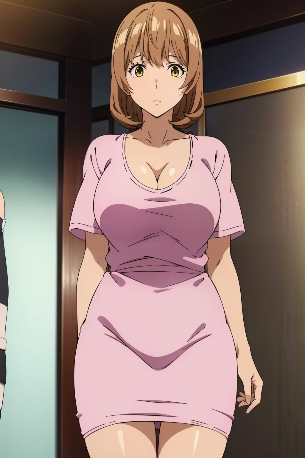 Best Quality, masutepiece, high resolution, animescreencap,, anime colored), Brown hair, Yellow eyes, Yuriko Aoki, Stand in the changing room, Embarrassed look, (oversize breast:1.5), cleavage of the breast,  (White camisole:1.5, no-bra, Thin fabric), The upper part of the body, Close-up on the chest