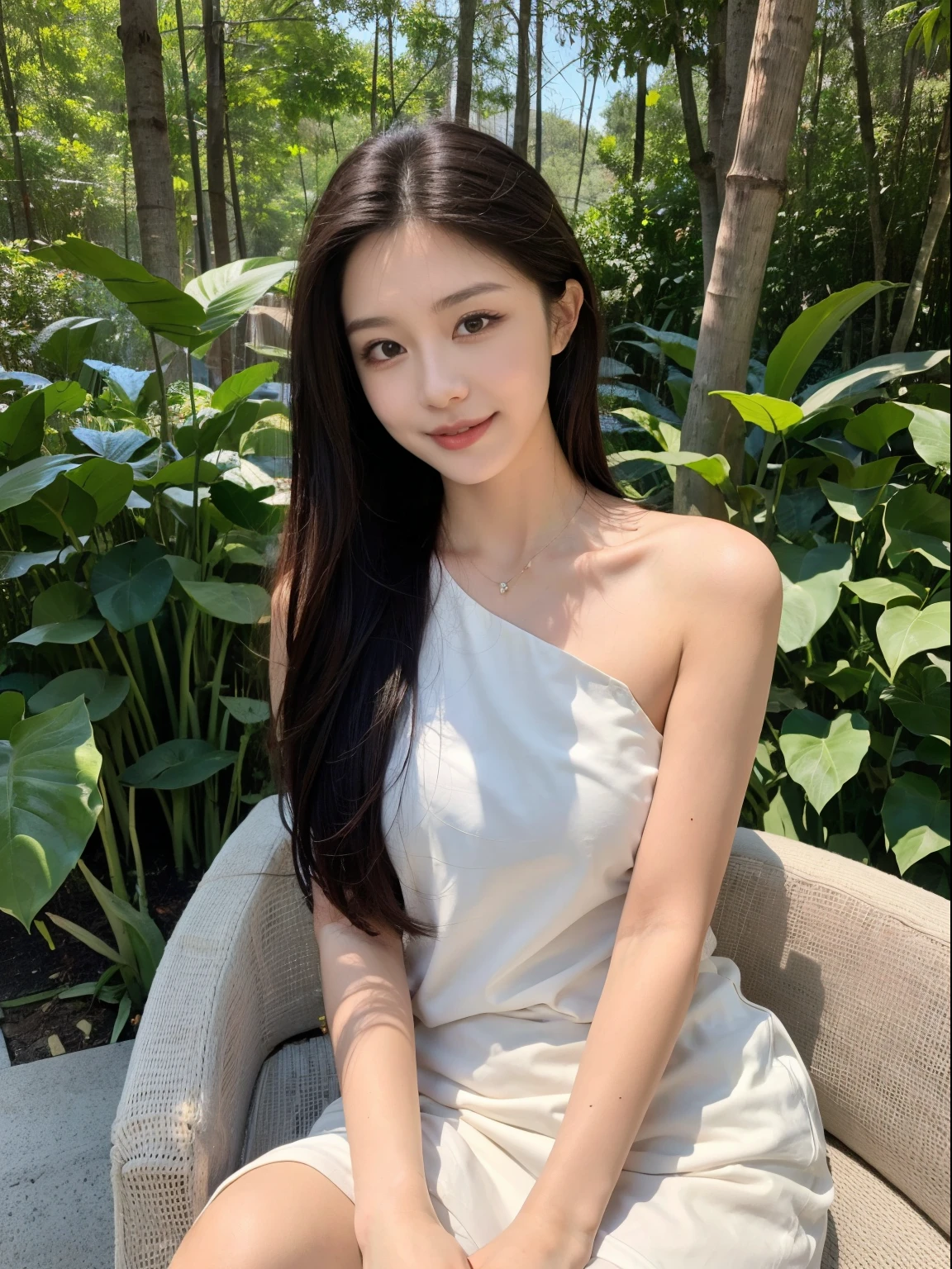 ,tmasterpiece, Best quality at best,8K, 超高分辨率,True light and shadow,Cinema lenses,(beautidful eyes:1.1), ((The medium scene is,upper part of body)),dynamicposes,In the green bamboo forest,The gentle goddess sits and rests under the bamboo。The sun shines on her through the gaps in the bamboo leaves,The soft light makes her face even more beautiful.。Enjoy this peaceful pastoral moment with a smile。The stream flows gently,Make a purring sound,It’s like a goddess celebration。