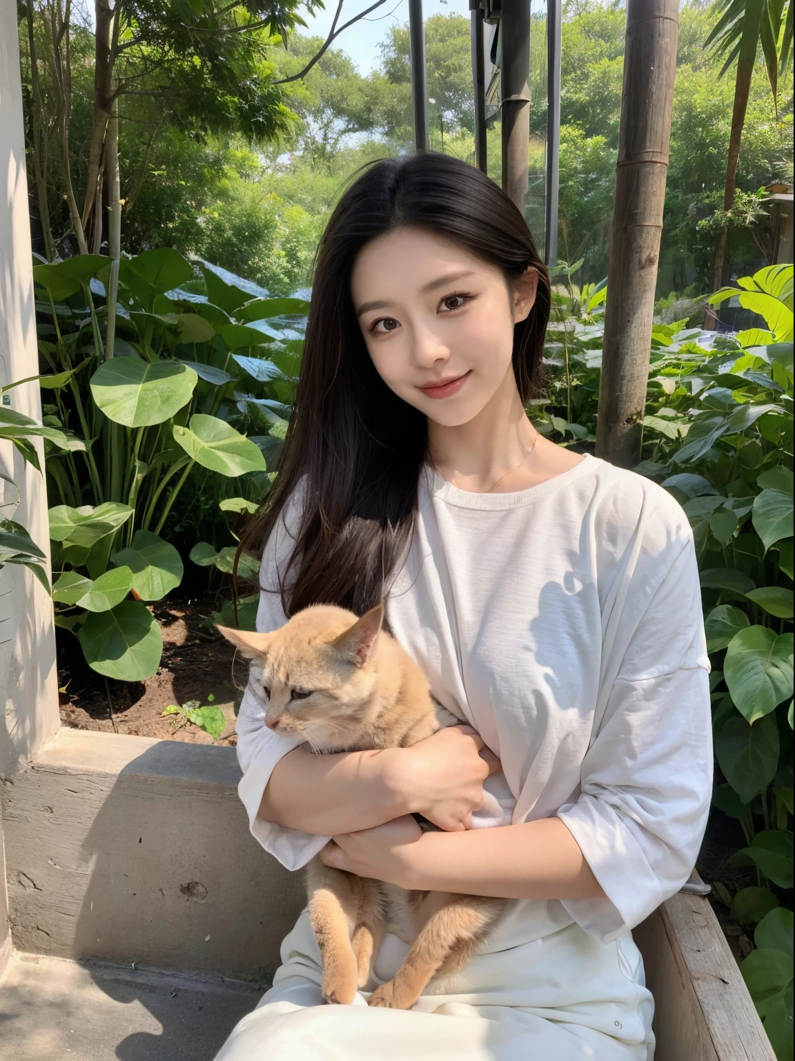 ，tmasterpiece, Best quality at best，8K, 超高分辨率，True light and shadow，Cinema lenses，(beautidful eyes:1.1)， ((The medium scene is，upper part of body))，dynamicposes，In the green bamboo forest，The gentle goddess sits and rests under the bamboo。The sun shines on her through the gaps in the bamboo leaves，The soft light makes her face even more beautiful.。Enjoy this peaceful pastoral moment with a smile。The stream flows gently，Make a purring sound，It’s like a goddess celebration。