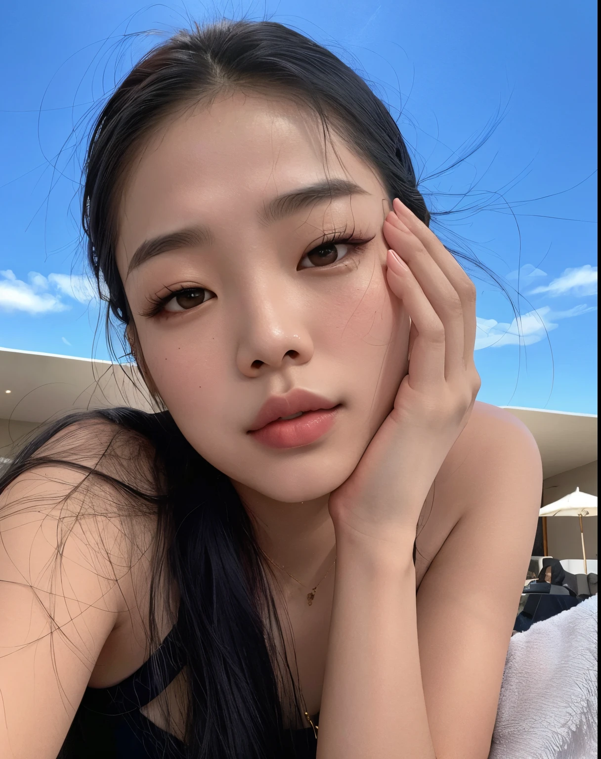 curvy Asian woman with long hair lying on bed, jennie blackpink, young lovely korean face, adorable and pale korean face, young pale and beautiful asian face, fotografia selfie 8k, gongbi, linda jovem coreana, linda mulher sul-coreana, lindo rosto delicado, linda jovem coreana, sem maquiagem, Heonhwa Choe, beautiful chinese model