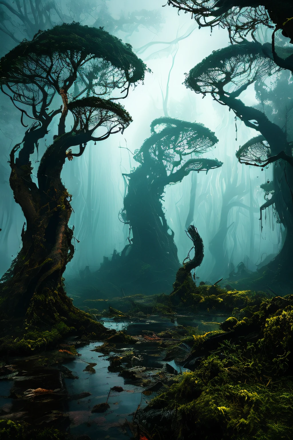 large alien carnivorous plant,captivating and menacing,exotic and predatory,beautifully vibrant and otherworldly colors,huge and towering,sharp and dangerous teeth,venomous liquid dripping from its jaws,tentacle-like vines reaching out,long thick stalks with unique patterns,glowing and luminescent flowers,towering over the surrounding landscape,ominous and eerie atmosphere,otherworldly and mysterious,emitting a soft and eerie glow,shadowy tendrils swirling around it,lush and dense vegetation surrounding the plant,surreal and fantastical,unfathomable size and power,emerging from a thick mist,extraterrestrial origin,ominously beautiful,hauntingly captivating,majestic and awe-inspiring,monstrous and awe-inspiring,threatening and enigmatic.