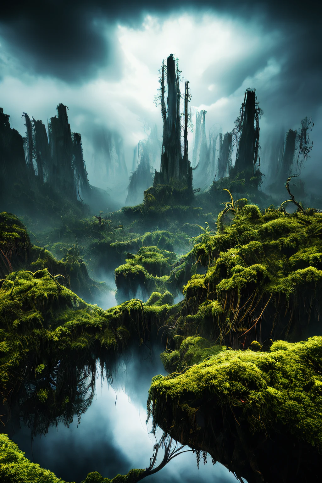 large alien carnivorous plant,captivating and menacing,exotic and predatory,beautifully vibrant and otherworldly colors,huge and towering,sharp and dangerous teeth,venomous liquid dripping from its jaws,tentacle-like vines reaching out,long thick stalks with unique patterns,glowing and luminescent flowers,towering over the surrounding landscape,ominous and eerie atmosphere,otherworldly and mysterious,emitting a soft and eerie glow,shadowy tendrils swirling around it,lush and dense vegetation surrounding the plant,surreal and fantastical,unfathomable size and power,emerging from a thick mist,extraterrestrial origin,ominously beautiful,hauntingly captivating,majestic and awe-inspiring,monstrous and awe-inspiring,threatening and enigmatic.