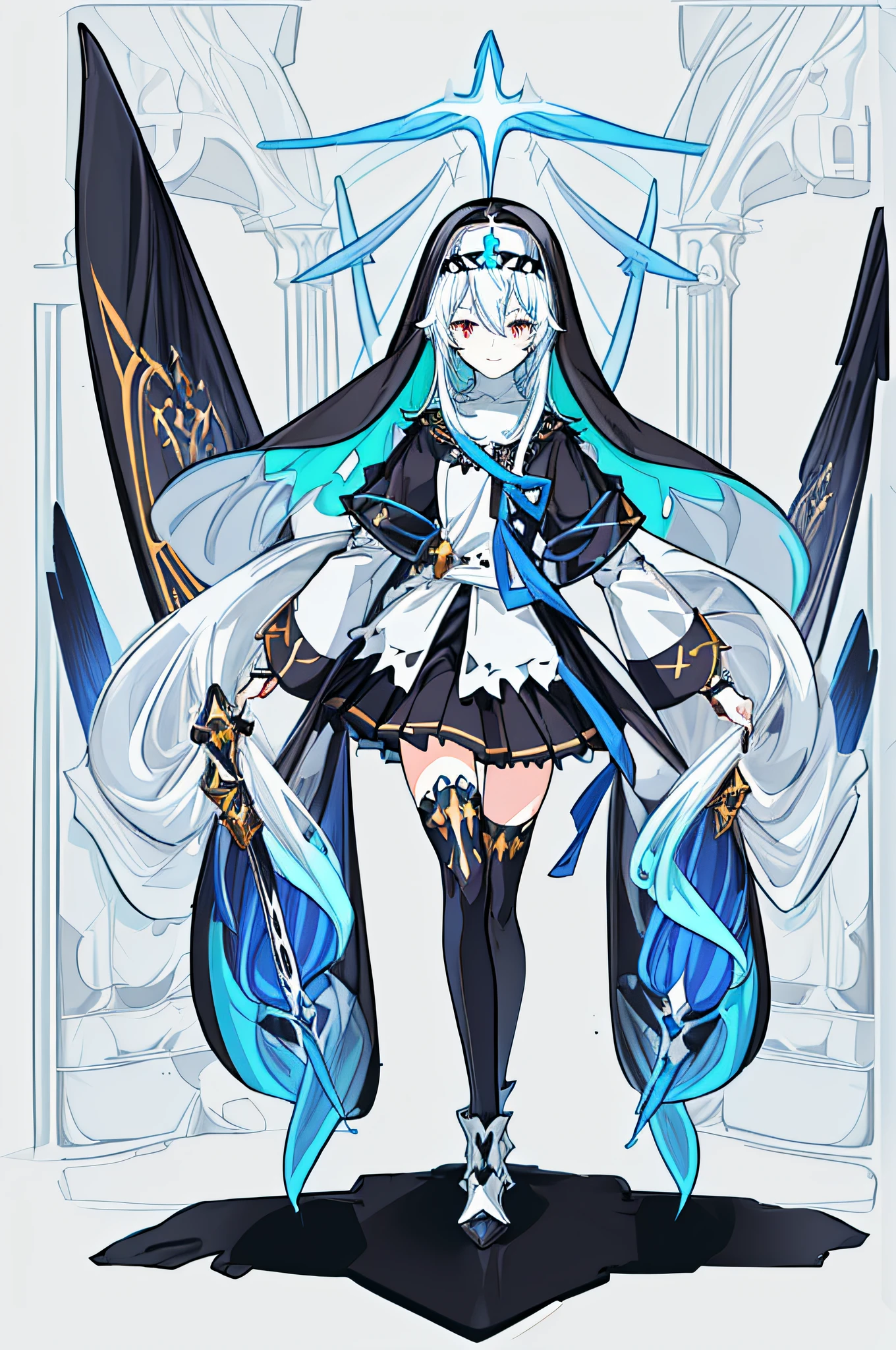 [(White background:1.4)::5],Original,(Illustration:1.1),(Best Quality),(masutepiece:1.1),(the Extremely Detailed CG Unity 8K Wallpapers:1.1), (Colorful:0.9),(mid-shot:0.95),(Full body:1.5),Dynamic Angle,(Solo:1.2), (girl),(((Adult))), (Detailed beautiful eyes:1.15), (Beautiful face:1.15), (Glowing black eyes:1.25////),(Blue Long Hair),(nun headdress),(+perfect hand+:1.21),(Draw an illustration of a Holy Knight Wizard),(Religious),(slender),(she has boots on her feet),((I'm wearing black knee-high socks)),Smile,(Ruffled miniskirt with metal embellishments),beautiful slender adult,((White background)),