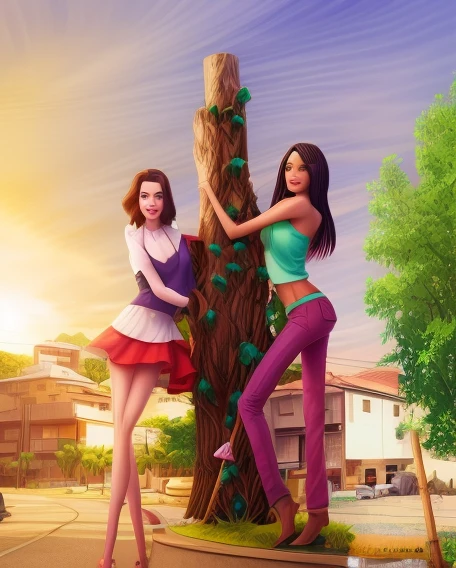 there are two women standing next to a tree on a street, rotoscopia, Arte Digital dos desenhos animados, rotoscopia, Arte Digital. @mariomaniacdude, desenho animado de Arte Digital, imagem de Arte Digital, stylized digital illustration, dancing on a pole, Duas s, duas figuras magras, Avatar do Second Life, modelagem para dulce e gabanna, pintura digital dos desenhos animados