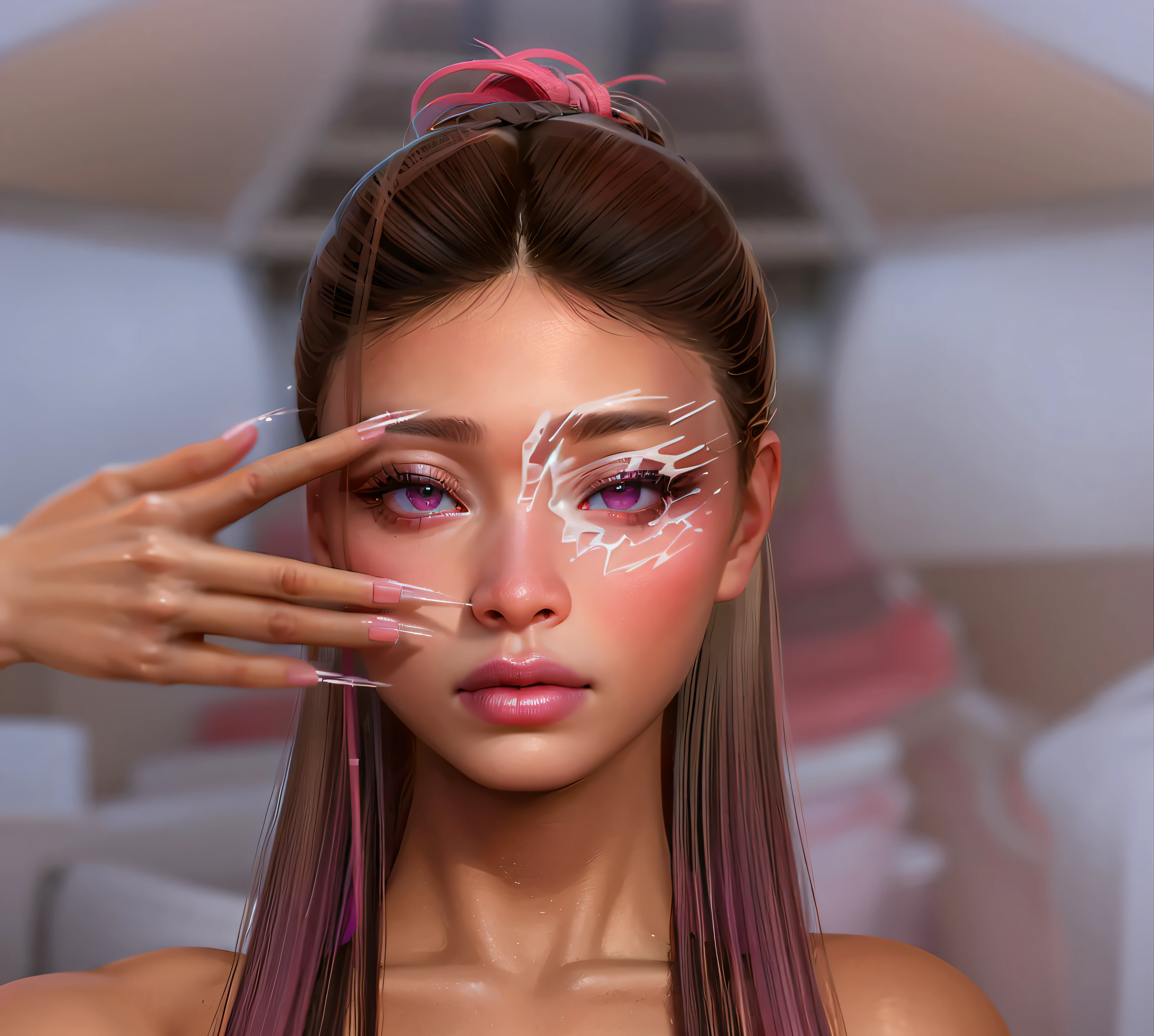 there is a woman with pink makeup and a pink eyeliner, unreal engine : : rave makeup, anime styled 3d, imvu, inspired by Sim Sa-jeong, glossy digital painting, wlop glossy skin, digital art. @mariomaniacdude, glitch effects over the eyes, daz 3 d, daz 3d, hyperrealistic teen, daz3d