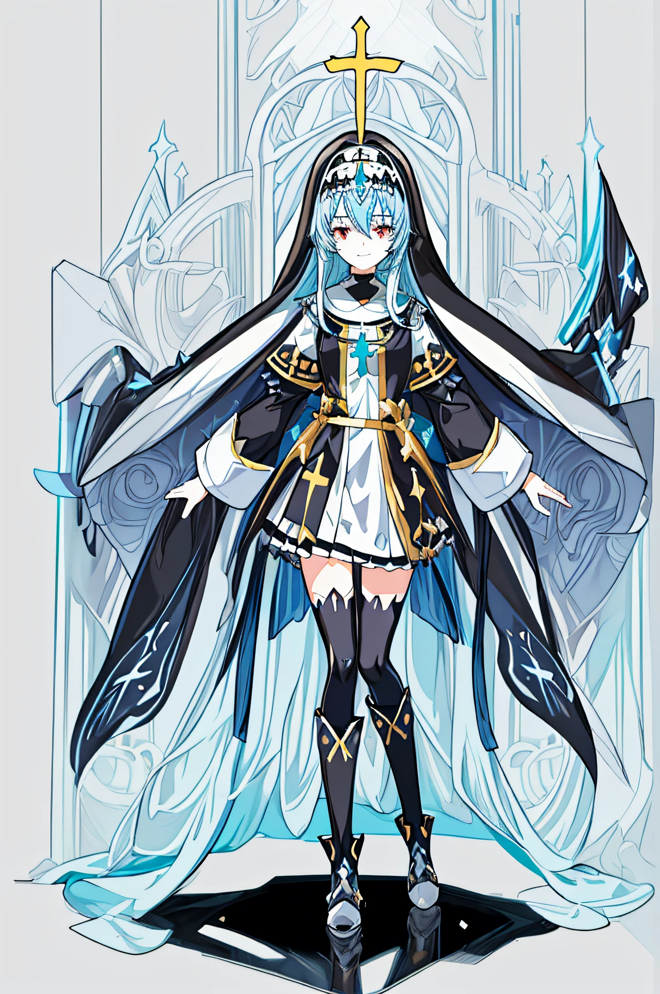 [(White background:1.4)::5],Original,(Illustration:1.1),(Best Quality),(masutepiece:1.1),(the Extremely Detailed CG Unity 8K Wallpapers:1.1), (Colorful:0.9),(mid-shot:0.95),(Full body:1.5),Dynamic Angle,(Solo:1.2), (girl),(((Adult))), (Detailed beautiful eyes:1.15), (Beautiful face:1.15), (Glowing black eyes:1.25////),(Blue Long Hair),(nun headdress),(+perfect hand+:1.21),(Draw an illustration of a Holy Knight Wizard),(Religious),(slender),(she has boots on her feet),((I'm wearing black knee-high socks)),Smile,(Ruffled miniskirt with metal embellishments),beautiful slender adult,((White background)),