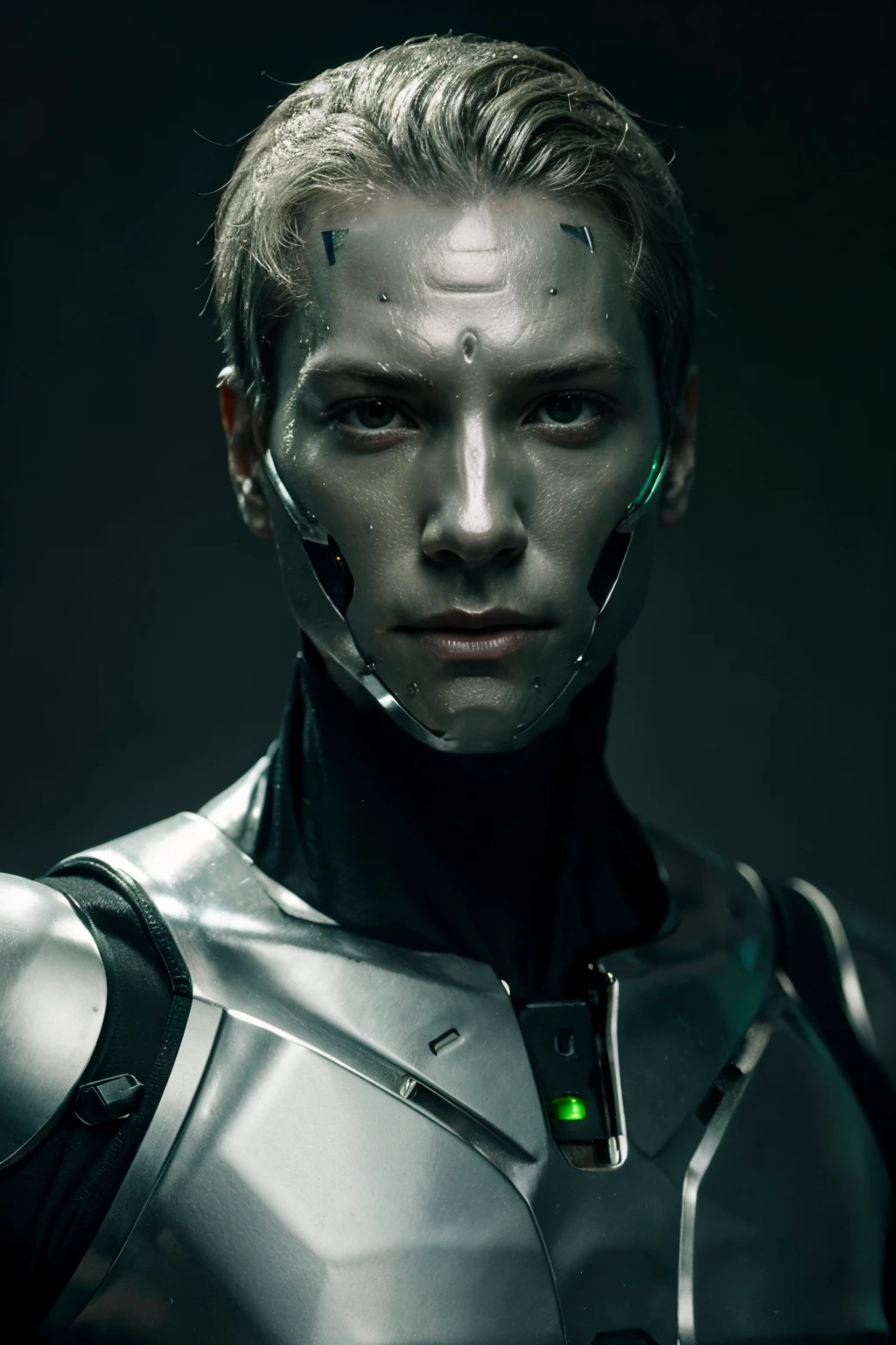 a male human with half of his body and face as a silver robot with green lights, realistic