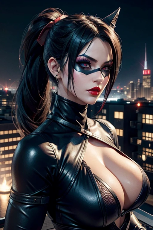 European woman on a roof, gotham city, 30 years old, Ninja Outfit, mask on face, Taki, Soulcalibur, Dark hair, red lips, Eye shadow, slutty makeup, Ponytails ,big breasts,Second Life Avatar, Beautiful screenshot, Second Life,attractive woman, high quality, highly detailed skin