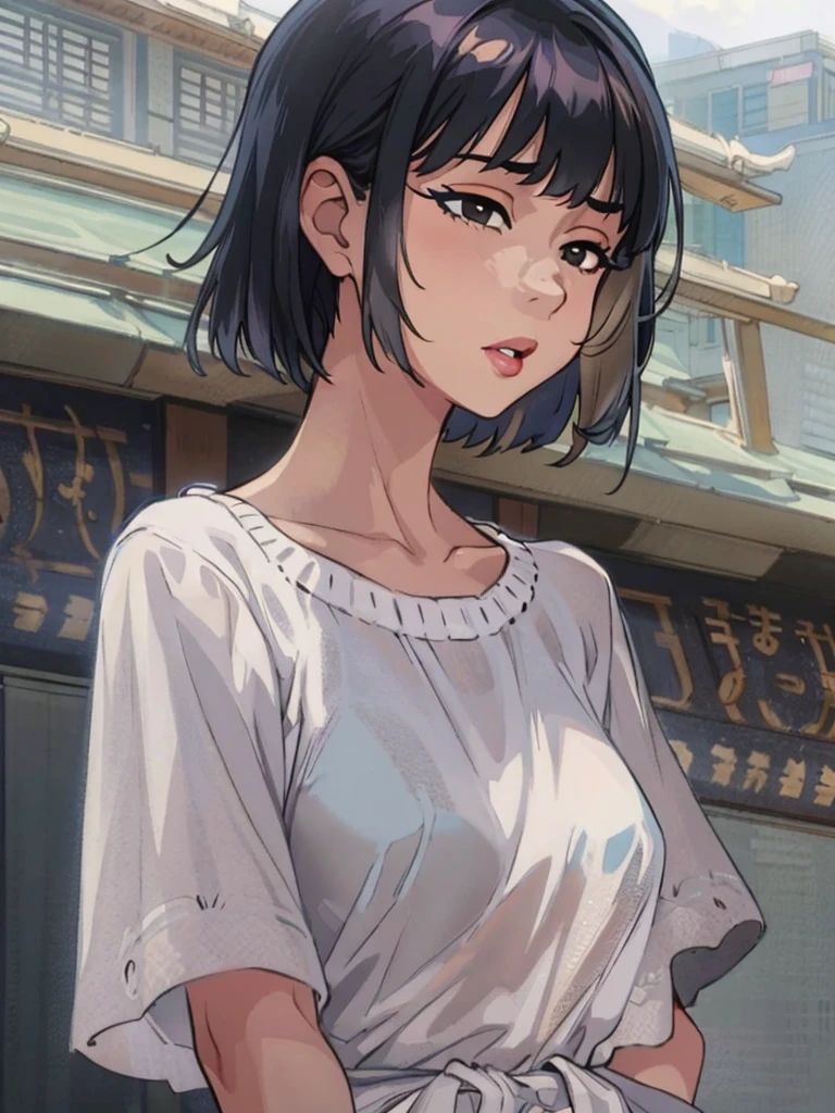 (best quality, masterpiece, illustration:1.1), [[[1girl]]],  asian teenage girl, flatchest, (((narrow monolid asian eyes))), (((very narrow eyes!!))), black eyes, short black hair, wispy bangs, white blouse, [[[black micro bikini]]], beautiful, highly detailed, 4k, perfect body, perfect proportions, rich quality, hd, ultrahd, perfect hands, perfect generated hands, [[[thin]]], (((thin!))), full body