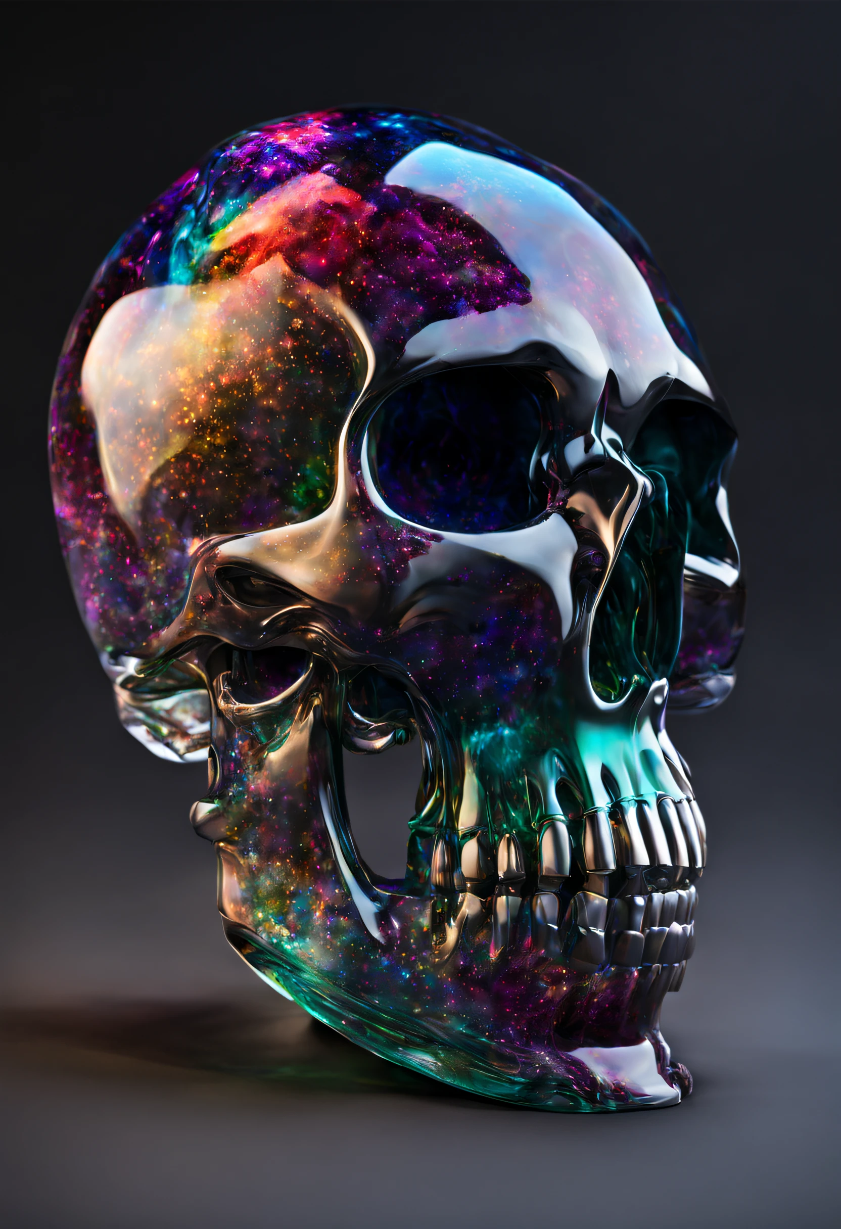 A realistic colored glass skull, beautiful and detailed. Which explodes when falling to the ground, the projections are textured like colorful dust