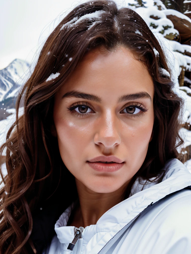 Masterpiece, sexy woman, Albanian woman, 30 years, cute face, neat face, Detailed Face, small neat nose, neat plump lips, big brown eyes, Brown eyes, Alice Milan, Long hair, curly hair, Natural shine, chocolate  hair, Western, hot girl with charming face, full bodyesbian, walk in winter, the whole body is in the frame, Detailed and realistic image, full-shot, very detailed 8k HD high definition detailed realistic, detail skin texture, hiking in the mountains with snow, skiing, Cinematic, photografic