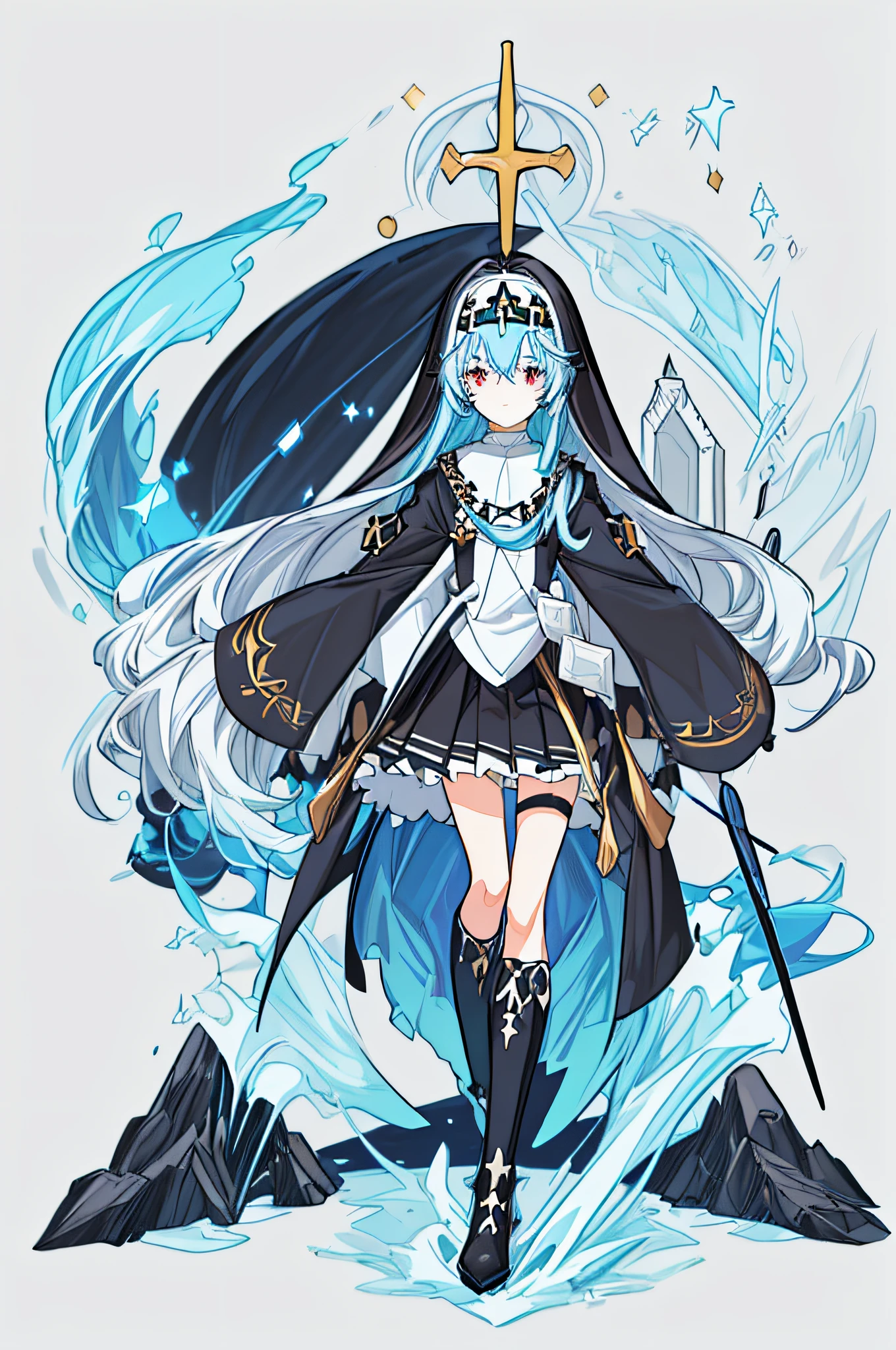 [(White background:1.4)::5],Original,(Illustration:1.1),(Best Quality),(masutepiece:1.1),(the Extremely Detailed CG Unity 8K Wallpapers:1.1), (Colorful:0.9),(mid-shot:0.95),(Full body:1.5),Dynamic Angle,(Solo:1.2), (girl),(((Adult))), (Detailed beautiful eyes:1.15), (Beautiful face:1.15), (Glowing black eyes:1.25////),(Blue Long Hair),(nun headdress),(+perfect hand+:1.21),(Draw an illustration of a Holy Knight Wizard),(Religious),(slender),(she has boots on her feet),((I'm wearing black knee-high socks)),Smile,(Ruffled miniskirt with metal embellishments),beautiful slender adult,((White background)),