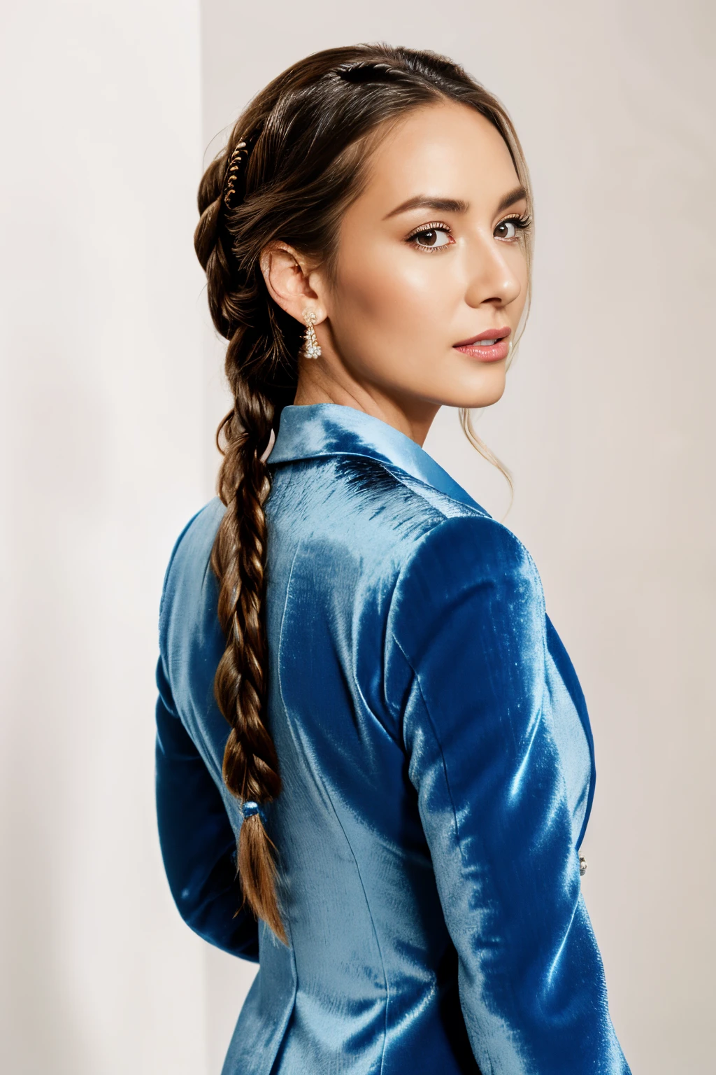 Best Quality, photorealestic, Ultra-detailed, finely detail, hight resolution, 8k wall paper, Professional, (Attractive 30 year old woman ), Elegant and stylish fair-haired hair in wedding hairstyle with braids and pearls, velvet blue jacket, girl look from the back ), natural lighting, On White Background