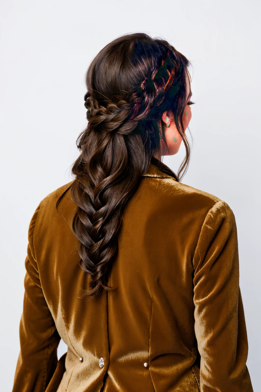 Best Quality, photorealestic, Ultra-detailed, finely detail, hight resolution, 8k wall paper, Professional, (Attractive 30 year old woman ), Elegant and stylish fair-haired hair in wedding hairstyle with braids and pearls, velvet blue jacket, girl look from the back ), natural lighting, On White Background