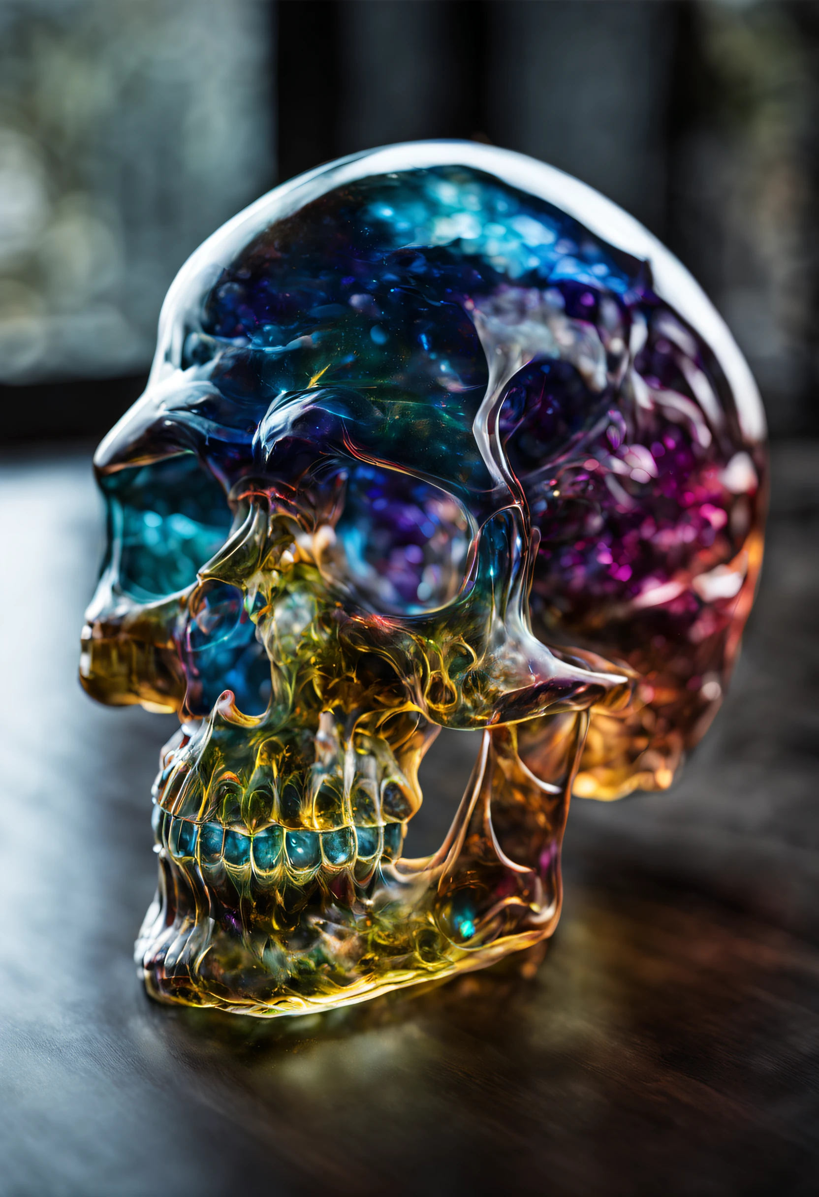 A realistic colored glass skull, beautiful and detailed. Which explodes when falling to the ground, the projections are textured like colorful dust