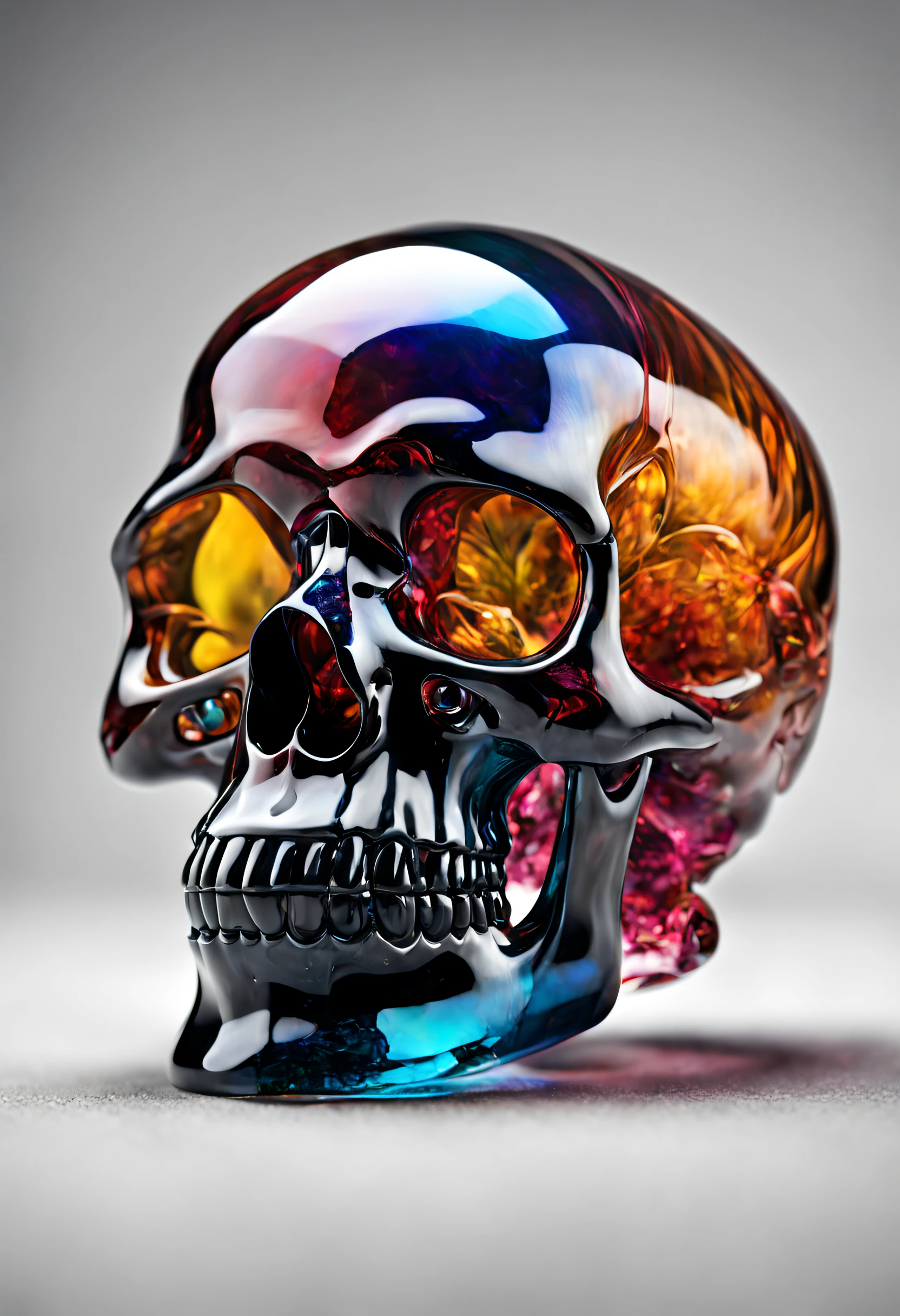 A realistic colored glass skull, beautiful and detailed. Which explodes when falling to the ground, the projections are textured like colorful dust