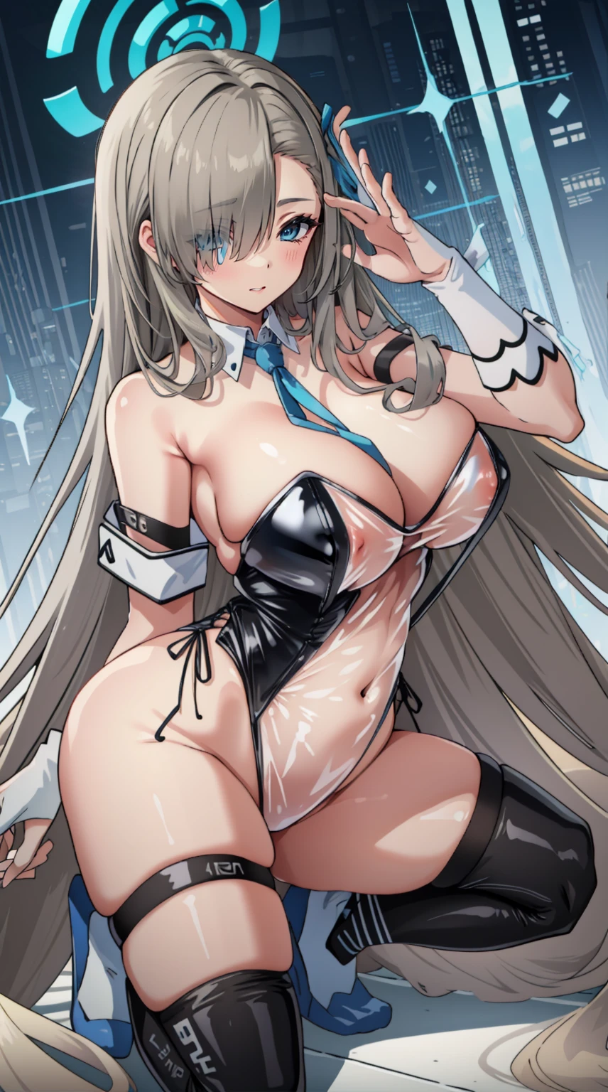 (A high resolution), (Ridiculous resources), (Best quality), (high high quality), (tmasterpiece), 1 plump girl, Asuna, eBlue eyes, Long gray hair, The halo, hair covering one eye, Very long hair, Light brown hair, (Large breasts, The cracks are relatively large), Latex high socks, Red latex stockings, praying hands logo, looking at viewert, 8K HD RTX, Delicate finger detailing,obscene exposure，Slim figure，