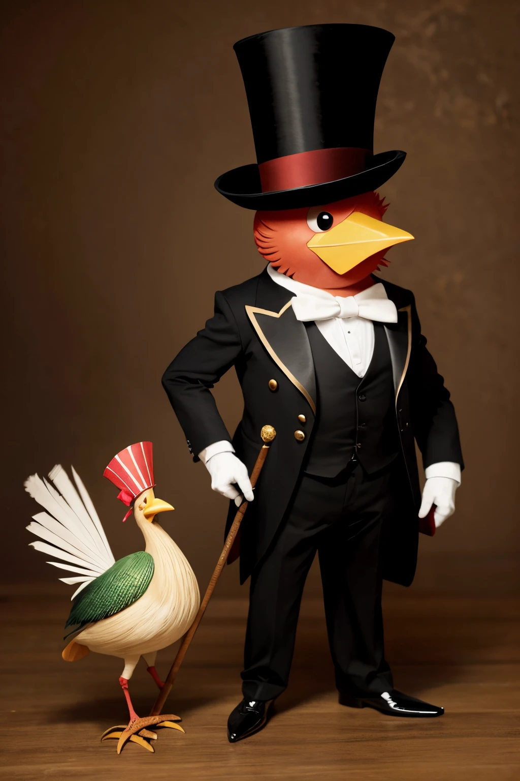 A dancing turkey with a top hat and cane , cute, whimsical, fan of tail feathers