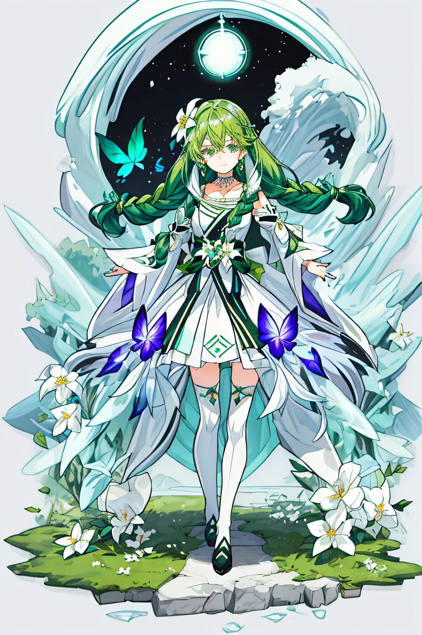 (Masterpiece, Best Quality: 1.4), white Background, Long Hair, Jewelry, Earrings, Necklace, Bride, ((green Hair)), Halo, (Overlook), Dynamic Angle, Ultra Detailed, Illustration, Close Up, Direct Look, 1girl, (Fantasy: 1.4), (Purple Eyes: 1.233), Her Eyes Shine Like Dreamy Stars, (Glow Eyes: 1.233), (Beautiful and Delicate Eyes: 1.1), (green Hair: 1.4), (Messy Hair, Very Long Hair, French braids, hair between the eyes, side hair), (+(white hair flower: 1.14)), (chiffon dress, uniform white flower pattern)/= (military uniform: 1.24), (fingerless gloves), choker, (miko thighhighs), high heeled boots, (expressionless, shut up), (standing), (white flowers, blooming),(Ruins),(Night:1.2),dreamy,Soul,(fluorescent),(Flying Translucent Blue Butterfly:1.15),[Delicate Fingers and Hands:0.55]::0.85], (Finger Detail), (Yubao:0.5),((white background)),((full body)),((turquoise hair)),green hair,((green hair)),