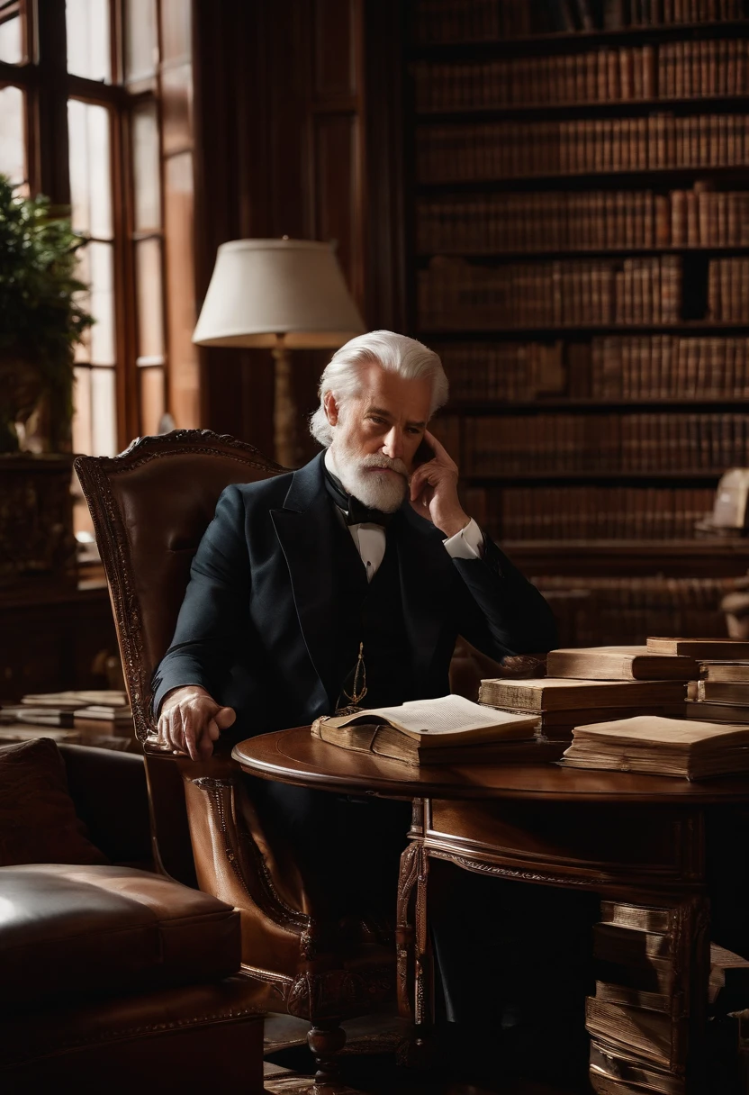 A photo of Logan strategizing in a private library, surrounded by books and documents,original,Logan Roy, the fictional patriarch in “Succession,” possesses a commanding presence, characterized by his tall stature, sharp suits that speak to his power and wealth, and an often stern, unyielding facial expression. His aging appearance, marked by a full head of white hair and a penetrating gaze, adds to his intimidating demeanor.