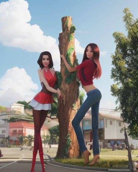 there are two women standing next to a tree on a street, rotoscopia, arte digital dos desenhos animados, rotoscopia, Arte Digital. @mariomaniacdude, desenho animado de arte digital, imagem de arte digital, stylized digital illustration, dancing on a pole, Duas s, duas figuras magras, Avatar do Second Life, modelagem para dulce e gabanna, pintura digital dos desenhos animados
