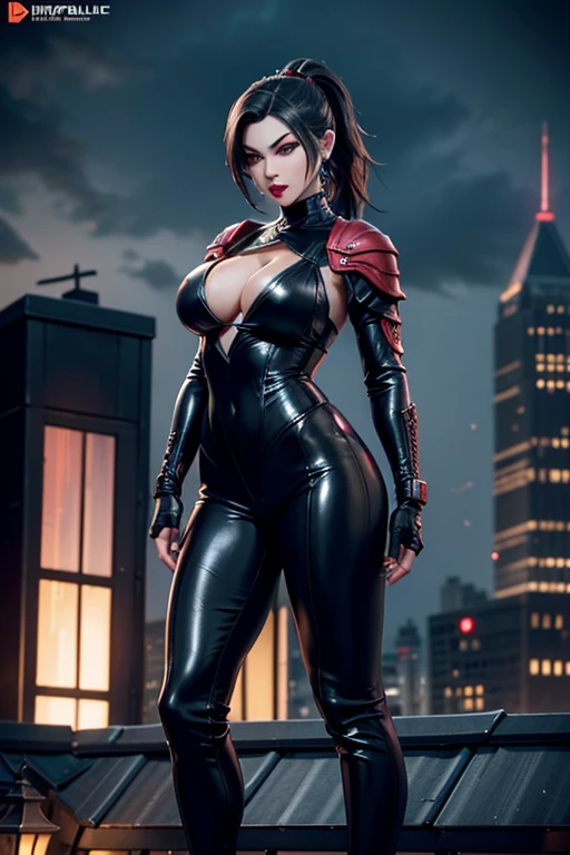 European woman on a roof, gotham city, 30 years old, fullbody ninja suit, mask on face, Taki, Soulcalibur, Dark hair, red lips, Eye shadow, slutty makeup, Ponytails ,big breasts,Second Life Avatar, Beautiful screenshot, Second Life,attractive woman, high quality, highly detailed skin