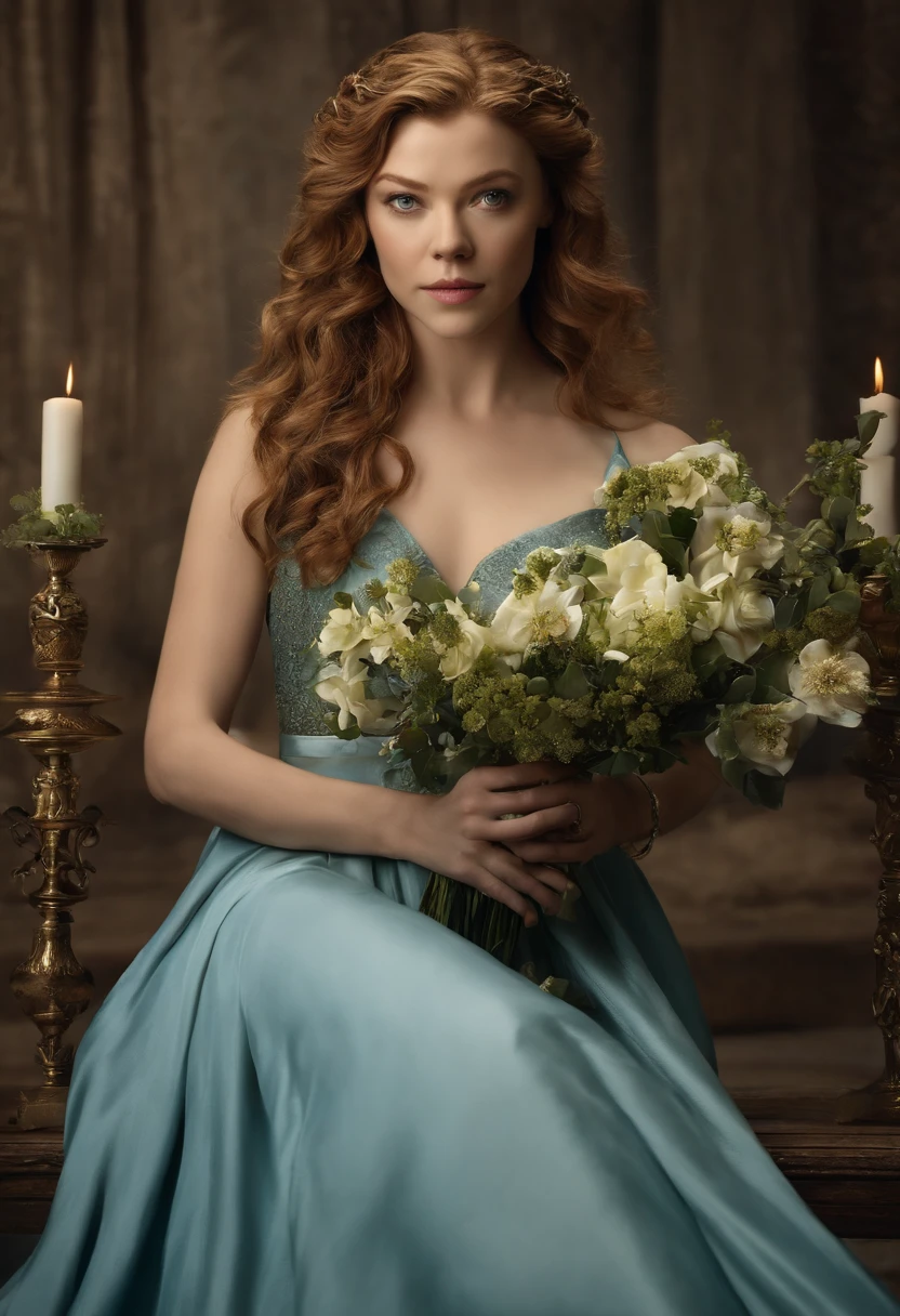 A beautifully arranged floral centerpiece with a hidden note tucked among the petals,HBO's Game of Thrones,Margaery is pretty with curly auburn hair, a heart shaped face, green eyes, wears sky blue dresses with gold jewelry, famously portrayed by Natalie Dormer