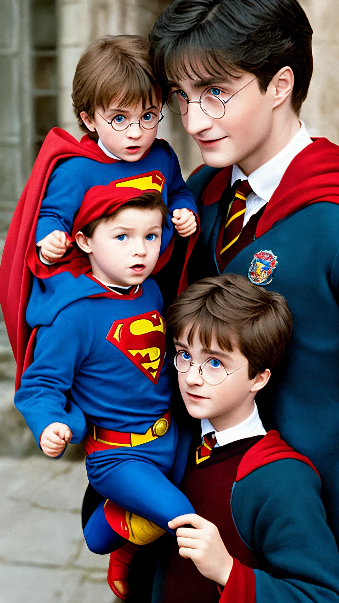 show a photo of harry potter with superman and a little kitten