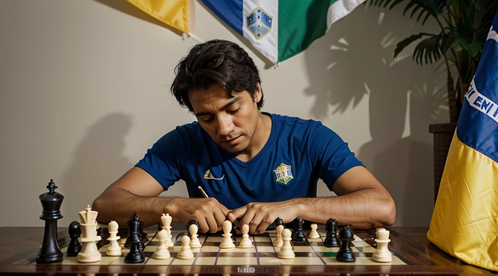 Man playing chess with a Brazilian flag