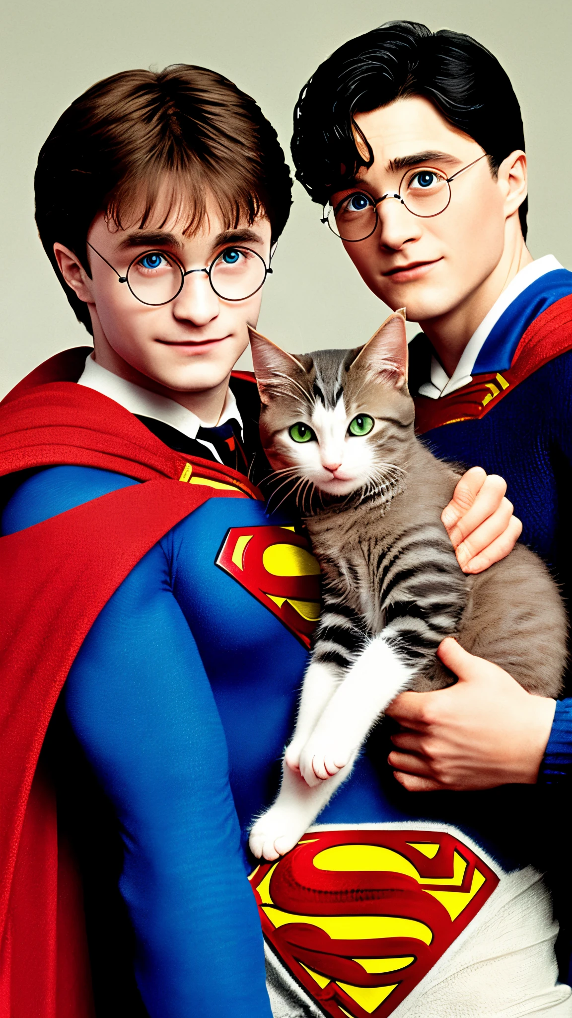 show a photo of harry potter with superman and a little kitten