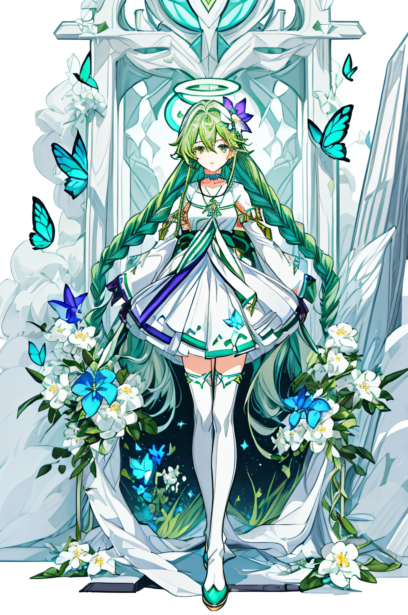 (Masterpiece, Best Quality: 1.4), white Background, Long Hair, Jewelry, Earrings, Necklace, Bride, ((green Hair)), Halo, (Overlook), Dynamic Angle, Ultra Detailed, Illustration, Close Up, Direct Look, 1girl, (Fantasy: 1.4), (Purple Eyes: 1.233), Her Eyes Shine Like Dreamy Stars, (Glow Eyes: 1.233), (Beautiful and Delicate Eyes: 1.1), (green Hair: 1.4), (Messy Hair, Very Long Hair, French braids, hair between the eyes, side hair), (+(white hair flower: 1.14)), (chiffon dress, uniform white flower pattern)/= (military uniform: 1.24), (fingerless gloves), choker, (miko thighhighs), high heeled boots, (expressionless, shut up), (standing), (white flowers, blooming),(Ruins),(Night:1.2),dreamy,Soul,(fluorescent),(Flying Translucent Blue Butterfly:1.15),[Delicate Fingers and Hands:0.55]::0.85], (Finger Detail), (Yubao:0.5),((white background)),((full body)),((turquoise hair)),green hair,((green hair)),