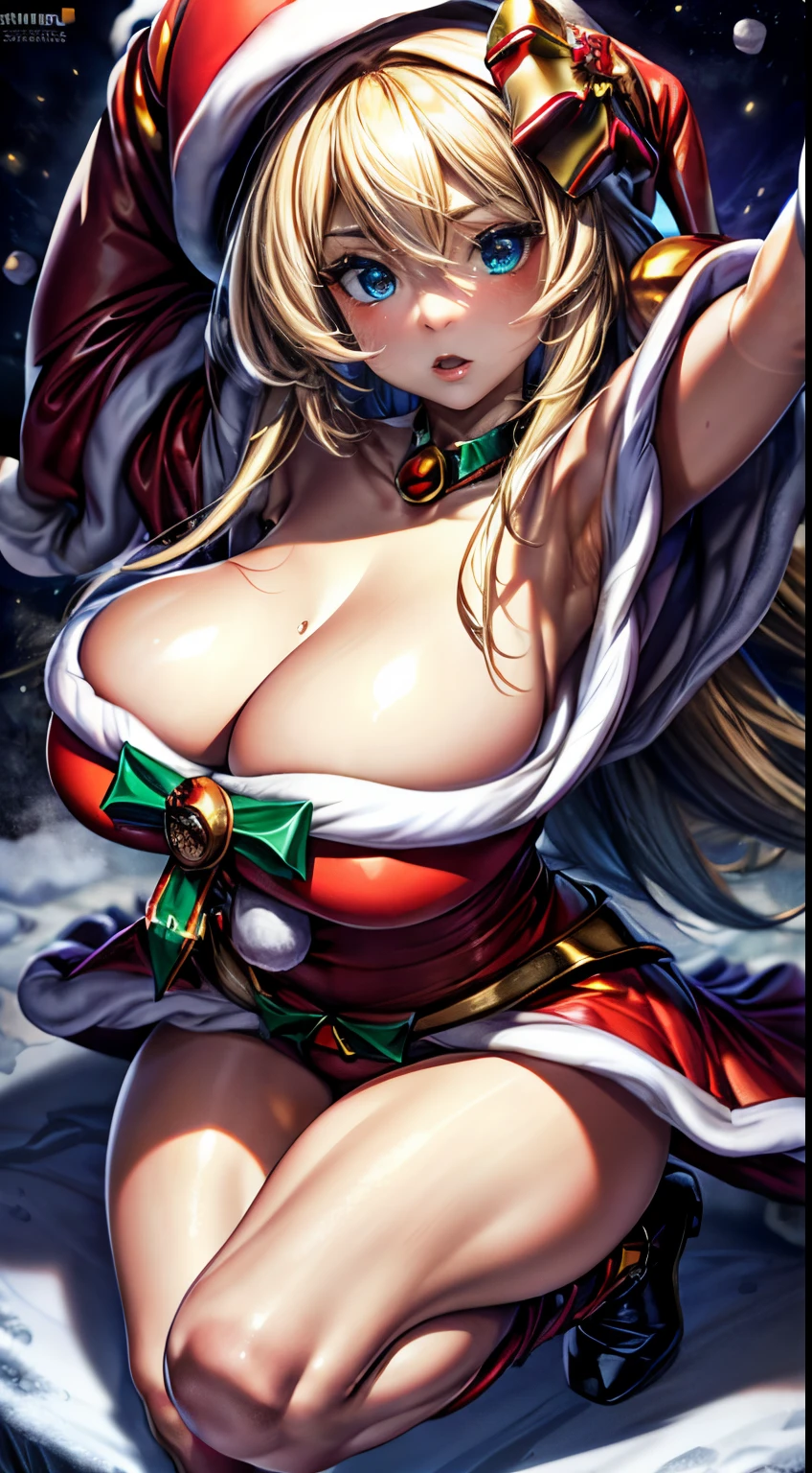 mejor calidad，tmasterpiece，ultimate resolution，Suave，extremadamente colorido，De color，dark magician gils，(Dressed in the translucent Santa Claus suit:1.4)，Medias de tirantes negras，Starrysky Android!,More detailed 8K.motor irreal:1.4,UHD,La mejor calidad:1.4, fotorrealista:1.4, textura de la piel:1.4, obra maestra:1.8,obra-prima, mejor calidad,objeto Objeto], (detailed face features:1.3),(cabello rubio largo:1.4),（Beautiful and detailed eye description）,(manos:1.4), ojos azules. Labios rojos. Cabello rubio. Fondo de nieves. Pose  sensual. Toma cuerpo completo. Fondo de Navidad