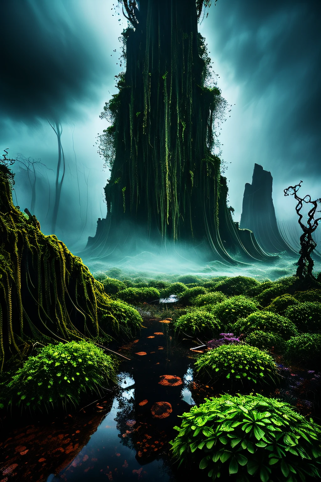 large alien carnivorous plant,captivating and menacing,exotic and predatory,beautifully vibrant and otherworldly colors,huge and towering,sharp and dangerous teeth,venomous liquid dripping from its jaws,tentacle-like vines reaching out,long thick stalks with unique patterns,glowing and luminescent flowers,towering over the surrounding landscape,ominous and eerie atmosphere,otherworldly and mysterious,emitting a soft and eerie glow,shadowy tendrils swirling around it,lush and dense vegetation surrounding the plant,surreal and fantastical,unfathomable size and power,emerging from a thick mist,extraterrestrial origin,ominously beautiful,hauntingly captivating,majestic and awe-inspiring,monstrous and awe-inspiring,threatening and enigmatic.