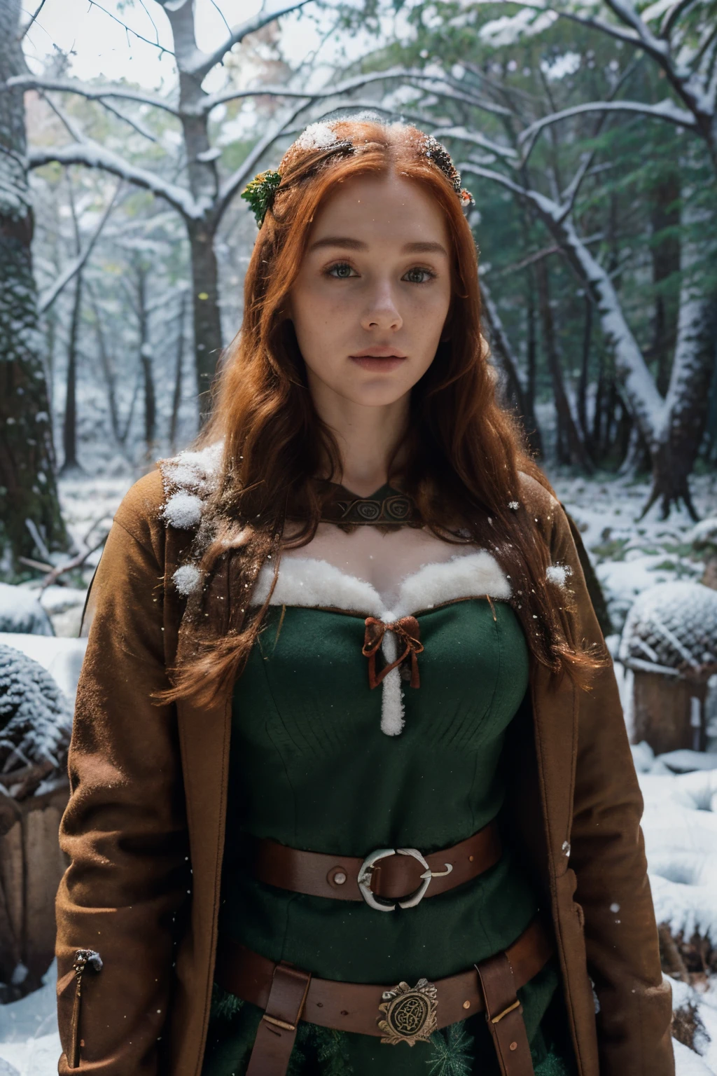 Woman in a medieval celtic warrior dress, (Celtic cosplay) , (ancient celts style:1.2), ((winter forest:1.4)), ((snow)) celtic european beauty, (open shirt: 0.8), Long and red hair,  red hair, bow and arrows, full body shot, winter jacket, ginger, freckles, smooth skin, white skin, , (perfect body),(detailed face),(realistic face) , (sexy pose:1.2), portrait, Looking at camera, (Highest quality), sony A7sIII, film stock,  photograph , kodak 400 camera f1.6 lens, cinestill 800, (Lente de 28 mm), third rule, rich colors , lifelike, texture, natural lighting, ((wide shot))