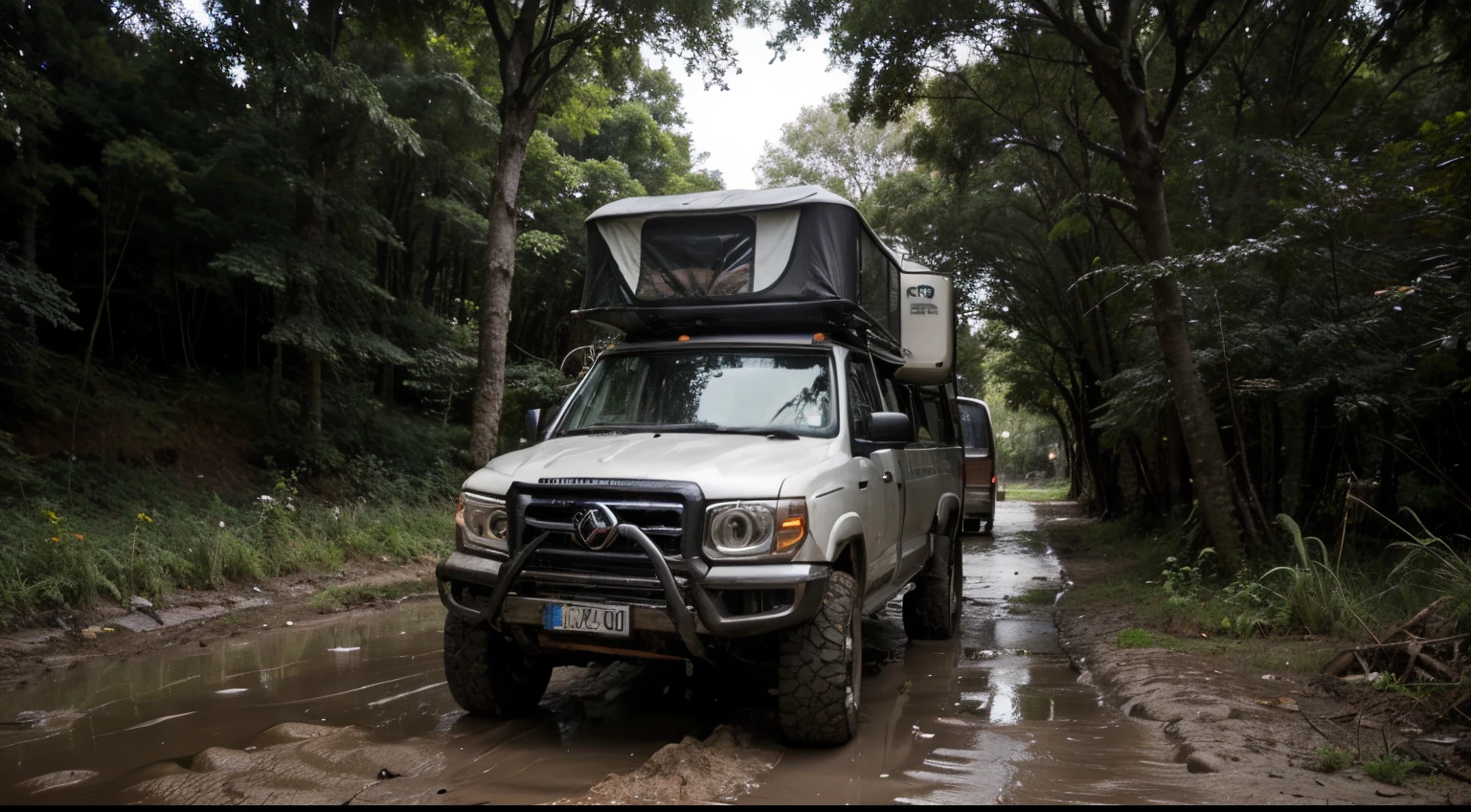 expandable APC big camper, 6x6 wheels, mud tires, The wheels are stuck in the mud, raindrops, night, light on, big trees, rainforest