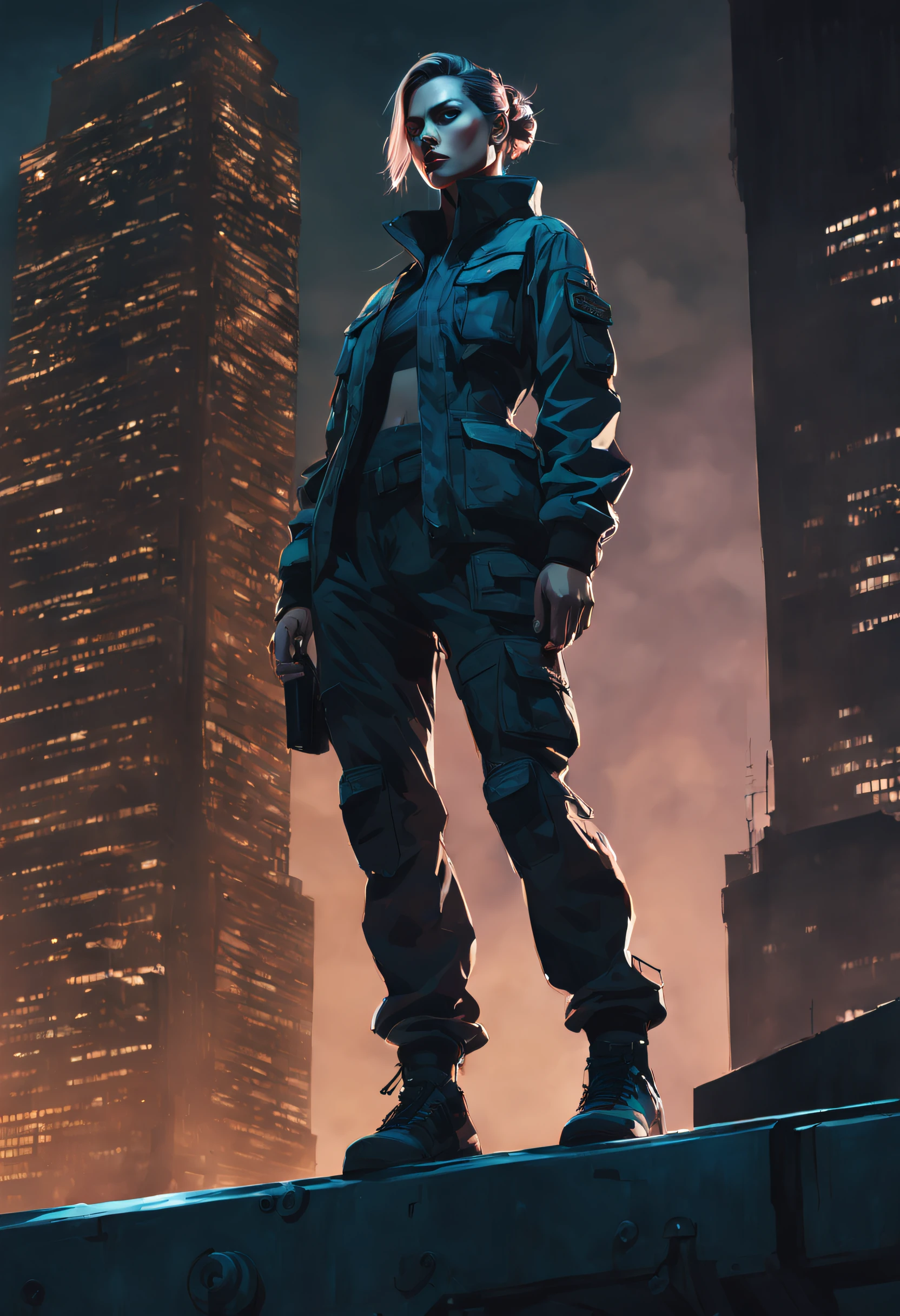 Generate a highly detailed, full-body representation of a resilient woman with a slicked back hairstyle, sporting facial bruises, adorned in a military jacket and cargo pants. The subject is captured in a commanding low-angle shot, silhouetted against the towering backdrop of a cyberpunk building at night. In her hands, she firmly holds a helmet, emphasizing a futuristic edge. The image, whether photographic or painterly, demands attention with its photorealistic precision. The jacket veils her in mystery, while the cargo pants convey a robust demeanor. The deliberate low-angle perspective imparts a striking and formidable presence, amplifying the overall impact of the portrayal.