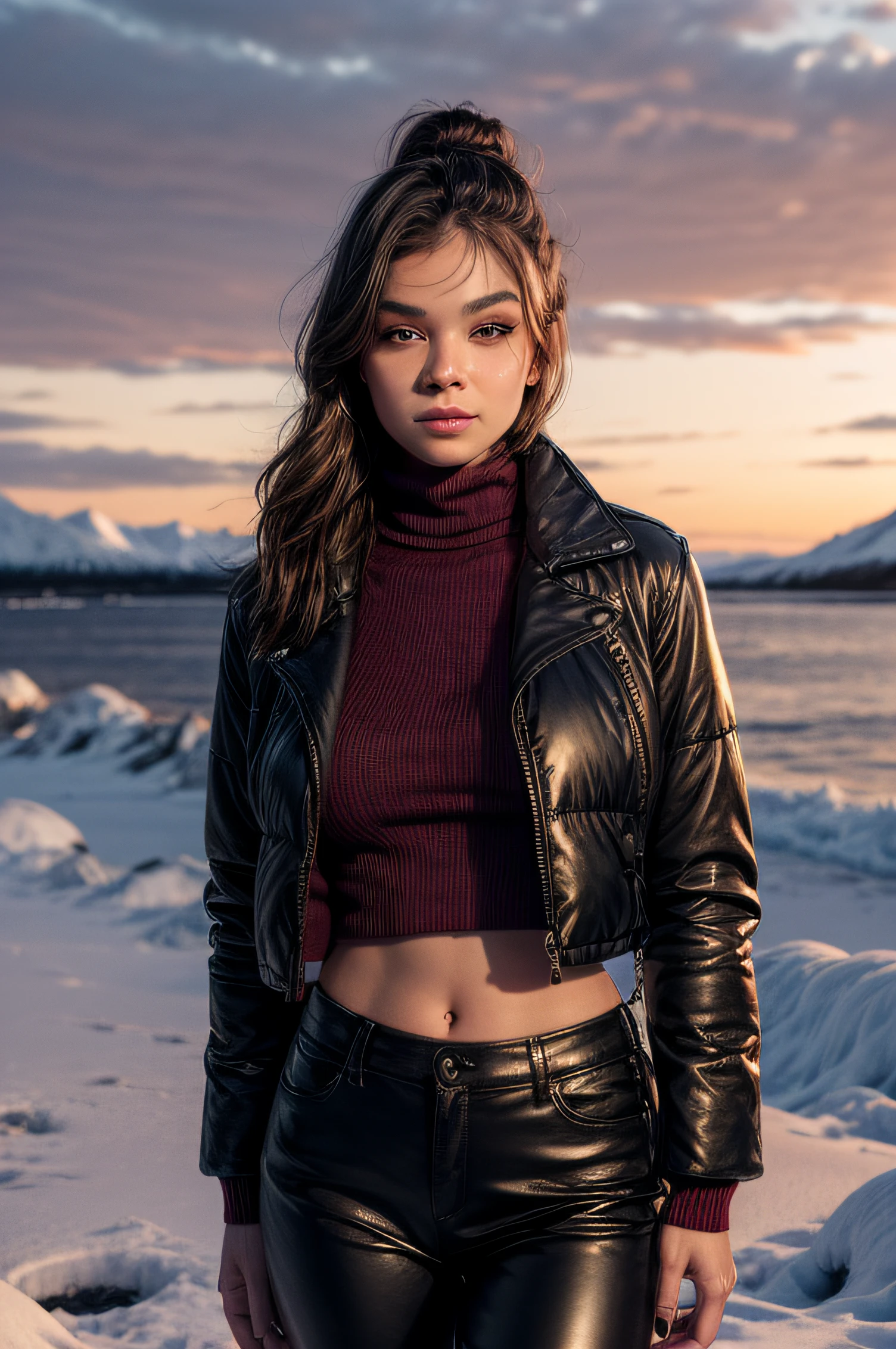 ((portrait))) woman, cropped turtleneck knitted sweater, leather puffer jacket, leather pants, scarf, photorealism, beautiful brown eyes; fantastic face, beautiful look, warm dreamy lighting, white background, volumetric lighting, Alaskan resort landscape sunset background,