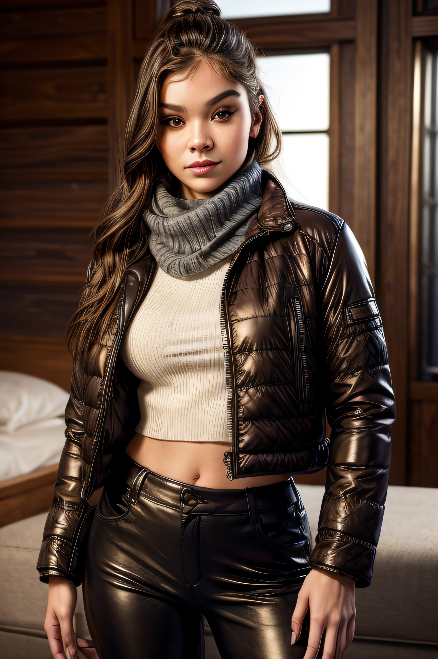 ((portrait))) woman, cropped turtleneck knitted sweater, leather puffer jacket, leather pants, scarf, photorealism, beautiful brown eyes; fantastic face, beautiful look, warm dreamy lighting, white background, volumetric lighting, Alaskan resort landscape sunset background,
