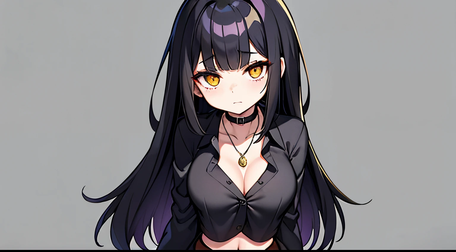 Raven black hair with black bangs that frames her delicate face. Her eyes are vibrant yellowy gold. She has freckles across her cheeks. Costume: She opts for a very modest Dark Academia attire, with a white sleeve button up shirt with most of the buttons done up except for a few from her neck to her mid collar bone. She wears a long black tie very loosely around the collar piece of the of the button up. She also wears a black gem heart shaped charmed necklace around her neck that hangs low. A dark gray pleated school girl skirt covers up to her mid stomach, and down to her mid thighs. She wears black nylon stockings and black Mary Janes.