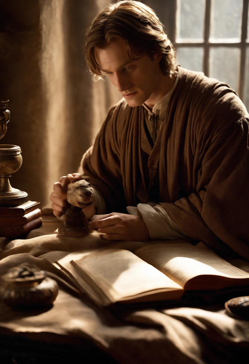 A photo of Remus sitting in a dimly lit room, surrounded by magical artifacts and scrolls, carefully studying an ancient text on werewolf folklore and history.,Harry Potter and the Prisoner of Azkaban,Remus has light brown hair, wears shabby robes, and has a claw scar across his face. Famously portrayed by David Thewlis