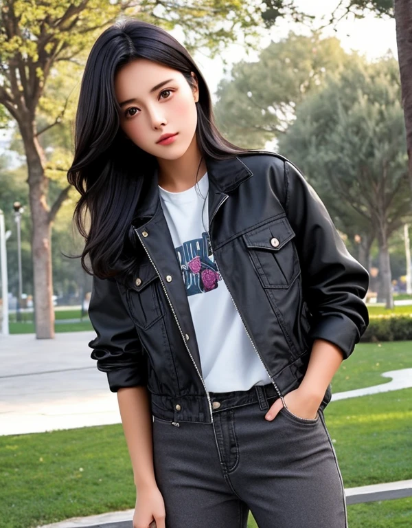 una joven con cabello largo negro con una chaqueta de color negra y pantalones anchos gris en un parque con colores calido