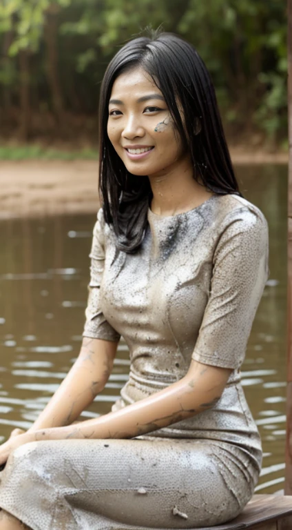slender woman, gorgeous Asian face, wearing textured pencil dress, [lovely smile], [sitting], ((soaked)), ((mud fight)), ((messy mud stains)), ((smeared with mud)), (covered with mud), (covered in mud), covered in dirt, covered in filth, utterly muddied, muddy, sticky mud stains, (((smeared with thick black liquid mud))), wet mud, gooey mud, dark mud, (((mud splatters))), (doused with mud), (drenched with mud)