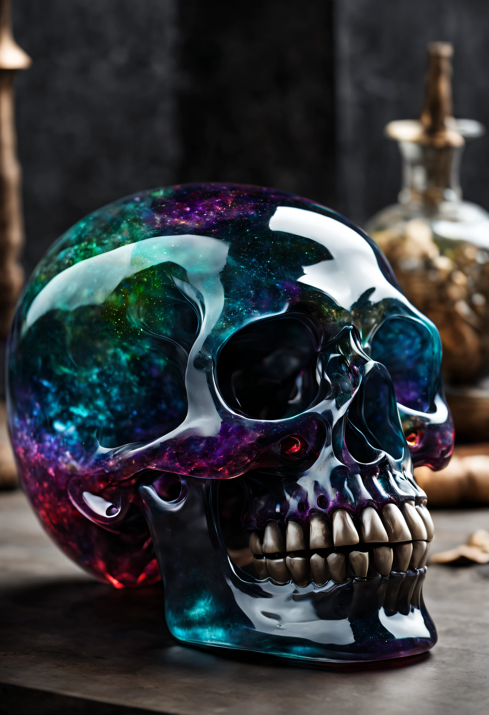 A realistic colored glass skull, beautiful and detailed. Which explodes when falling to the ground, the projections are textured like colorful dust